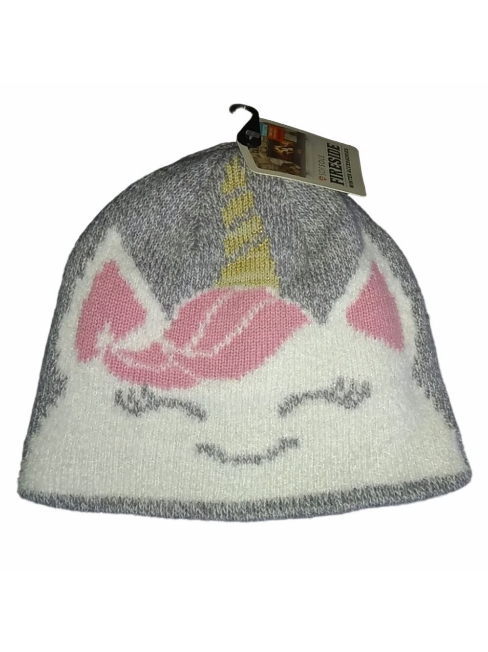 Fireside Youth Gray Unicorn Winter Hat NWT Matching Mittens Included Free